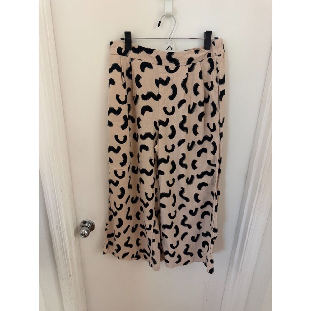 New Day Beige & Black Abstract Wide Leg Linen Blend Pants Size M
